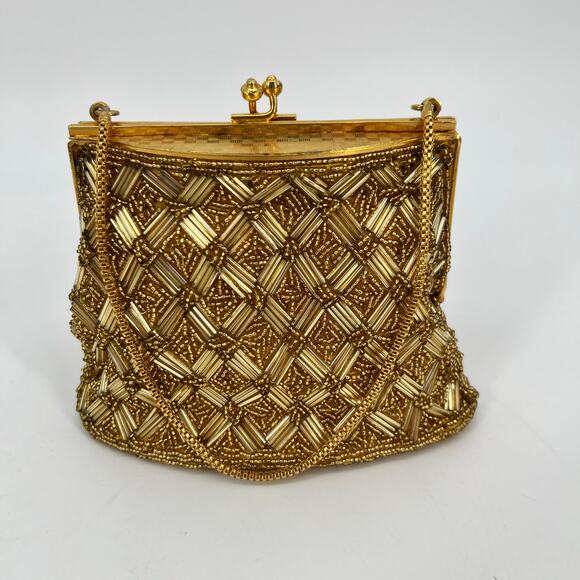 Vtg MCM Handmade Glass Beaded Hand Bag Mini Gold Clutch Kiss Lock Micro 50s 60s - Picture 1 of 10